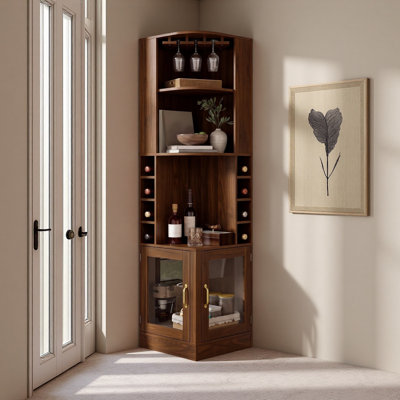 70" Corner Bar Cabinet with Glass Doors and Wooden Wine Glass Holder, Tall Corner Wine Cabinet Storage with Open Shelves and 8 Side Wine Cubbies, Modern Coffee Bar for Dining Room, Living Room