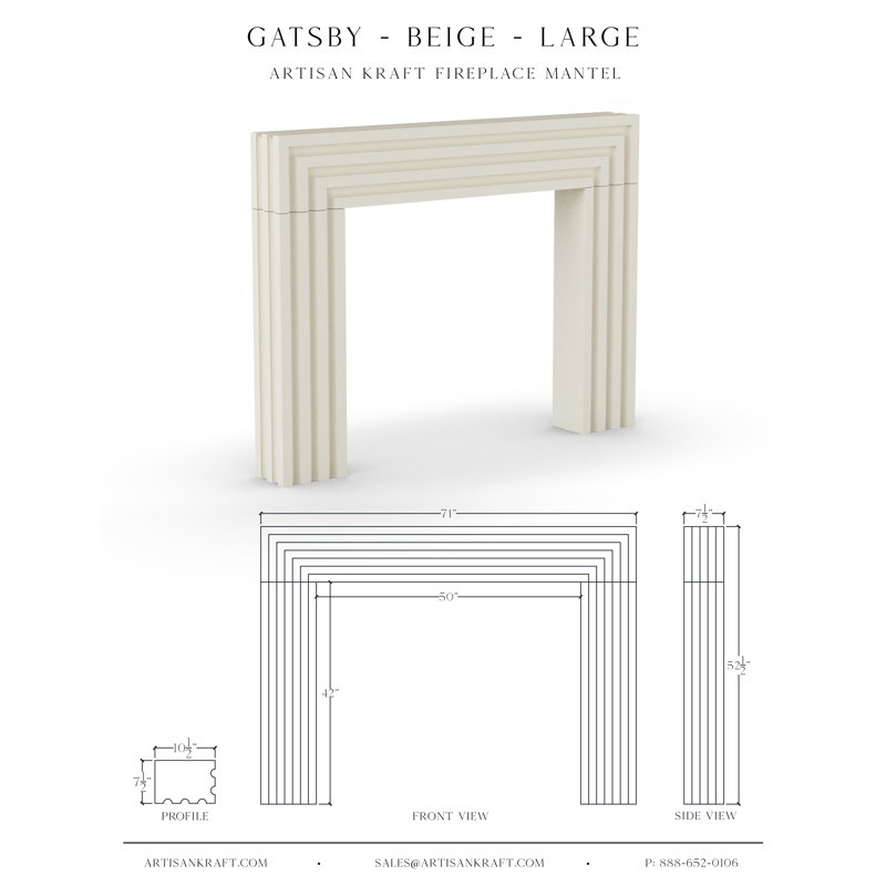 Cadre de cheminée en pierre coulée avec foyer biseauté Gatsby, 71", Beige