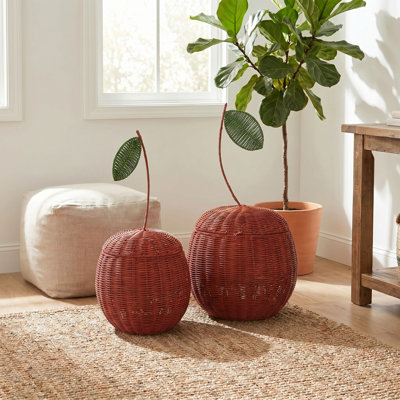 Artisan Rattan Cherry Sculptures with Iron Accents