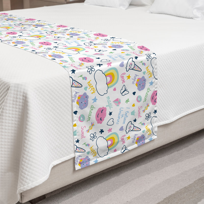 Queen Multicolor Satin Cartoon Bed Runner with Rainbow Clouds Print