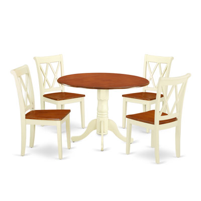Ensemble de salle à manger 5 pièces comprenant une table de salle à manger ronde avec Dropleaf et 4 chaises en bois, lin blanc