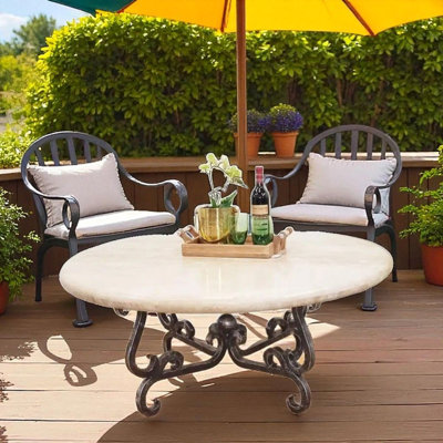 Cream Travertine Round Coffee Table – Natural Stone Top With Hand-forged Iron Base – Sophisticated Centerpiece For Indoors Or Patios