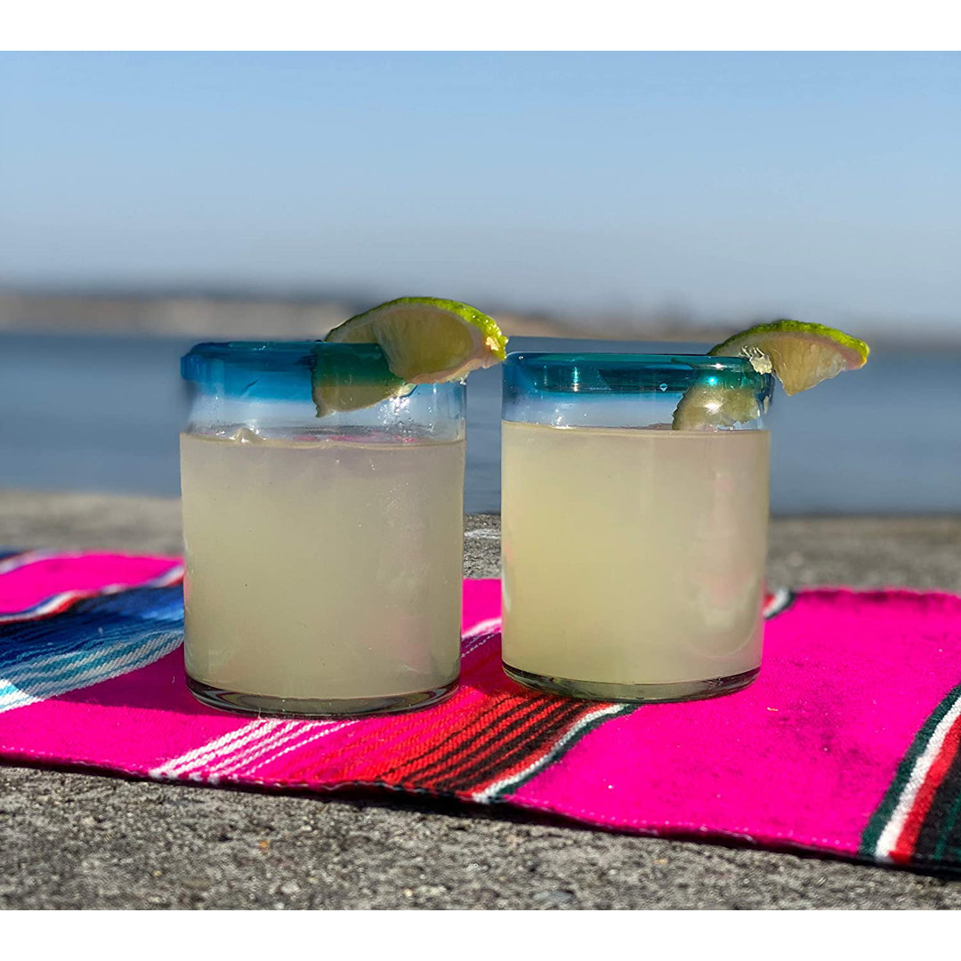 Chanson Hand Blown Mexican 10 oz. Aqua Rim Tumbler Glasses (Set of 6) Rosecliff Heights