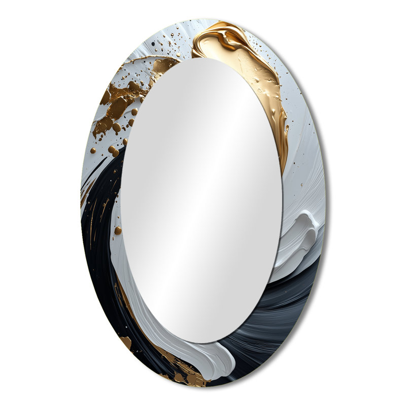 White Black Gold Cosmic Whirlpool II - Modern Oval Wall Mirror, 36" x 24"