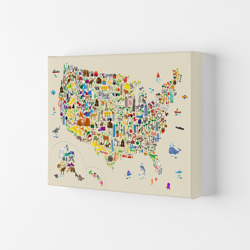 Animal Map Of United States by Michael Tompsett - Print, 42cm H x 59.4cm W x 4cm D, Wrapped Canvas