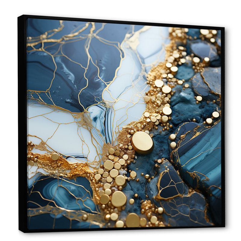 «Blue and Gold Marble River IV», art mural abstrait à encre liquide, Cadre flottant noir, H 16 po x l 16 po x P 1 po