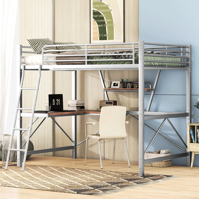 Lit mezzanine double moderne argenté avec bureau et tablette - robuste et sans sommier