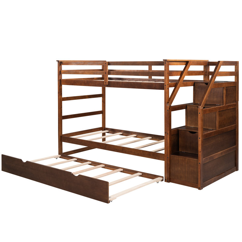 Lit simple superposé gigogne en noyer avec de grands escaliers de rangement pratiques Twintwin