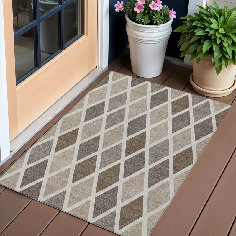 Tapis extérieur lavable à motif géométrique beige et brun 3 pi x 5 pi