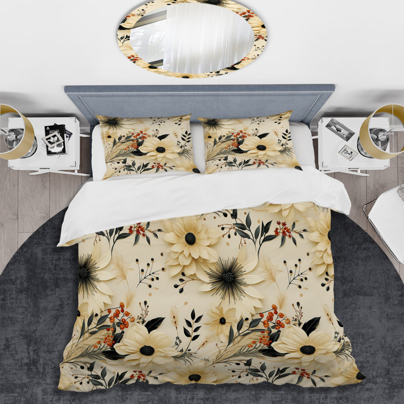 Black And Beige Flowers Chrysanthemums Pattern Floral Duvet Cover, Queen Duvet Cover + 2 Standard Shams