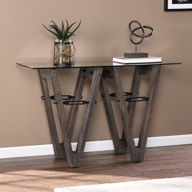 Console de salon en bois récupéré - Table de rangement industrielle avec plateau en verre 47 lb