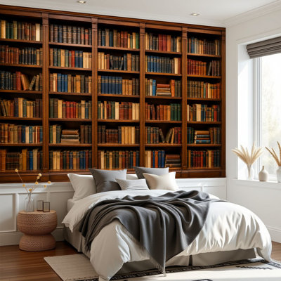 Peel and Stick Wallpaper Wooden Bookshelves Filled Colorful Books Library Wall Murals 69"H x 96"W Removable PVC Wall Paper Self-Adhesive Wall Decor for Bedroom Living Room Home Office