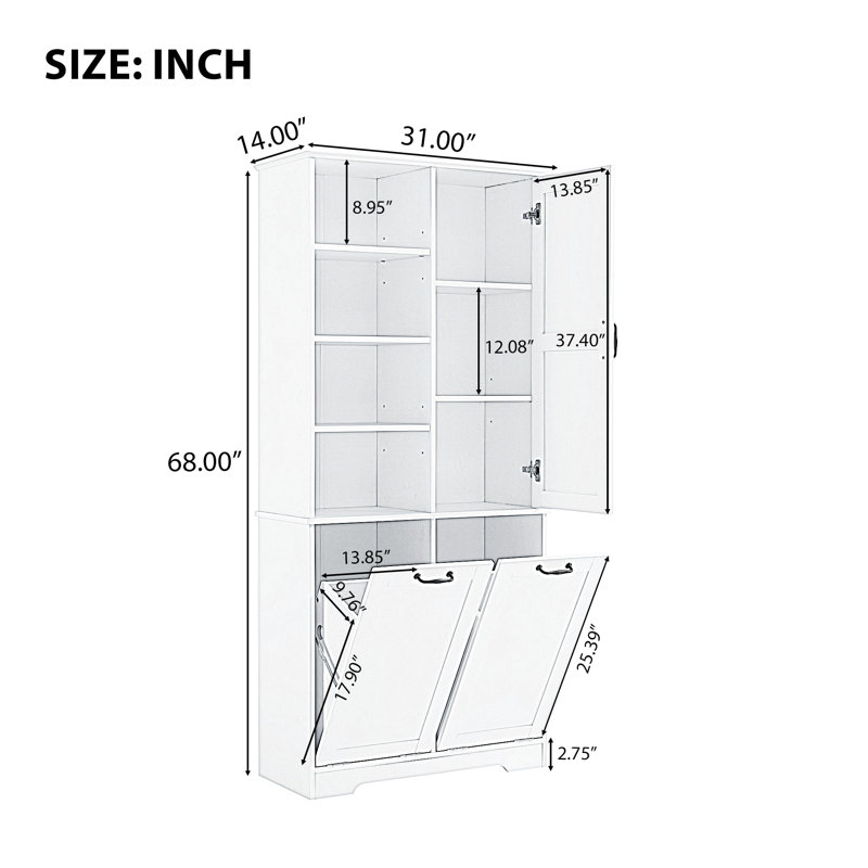 White Freestanding Bathroom Storage Cabinet With Tilt-Out Laundry Hamper, Doors, Drawers, And Adjustable Open Shelf | Gift Idea