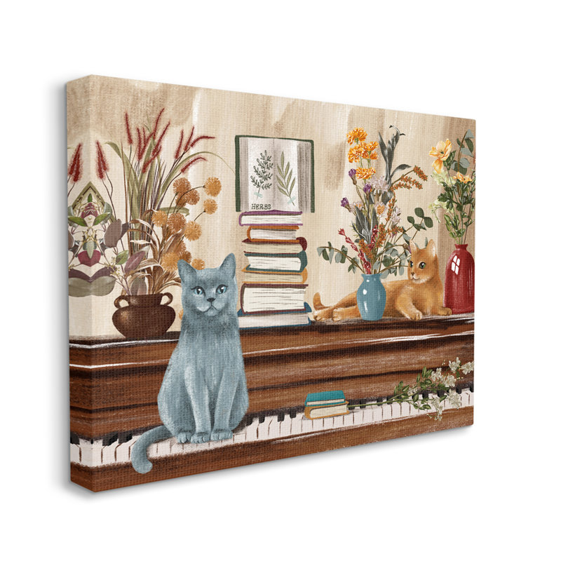 "Chats et livres sur piano sur toile" par Raquel Maciel, H 36 po x l 48 po x P 1,5 po