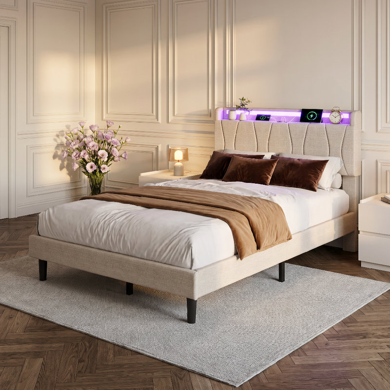 Upholstered Bed Frame, European Single (90 x 200 cm), Beige