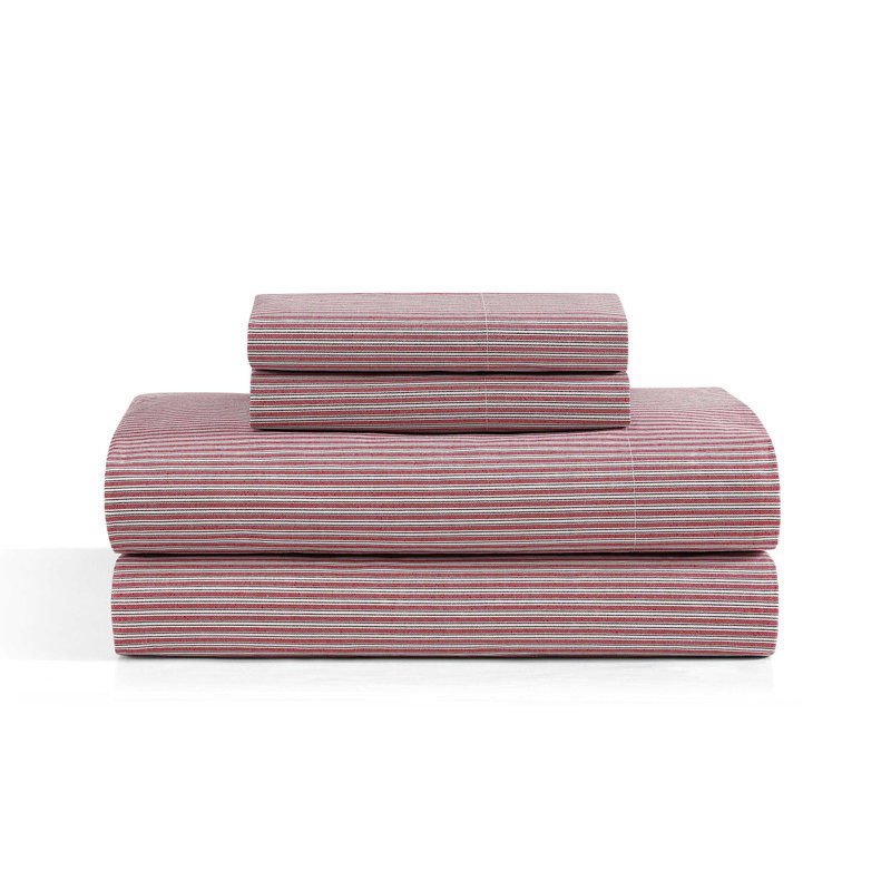 Tommy Hilfiger Printed Percale Cotton Sheet Set, Twin XL Sheet Set with 1 Pillowcase, Highland Ticking Stripe Red