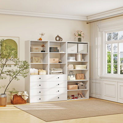 Système d'organisation modulaire blanc avec 12 tablettes et 8 tiroirs