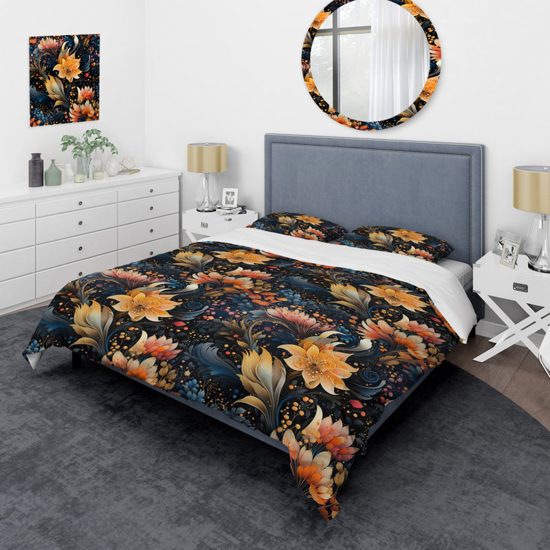 Literie de jardin jaune et pêche Mystic Delight, Housse de couette pour très grand lit et 2 très