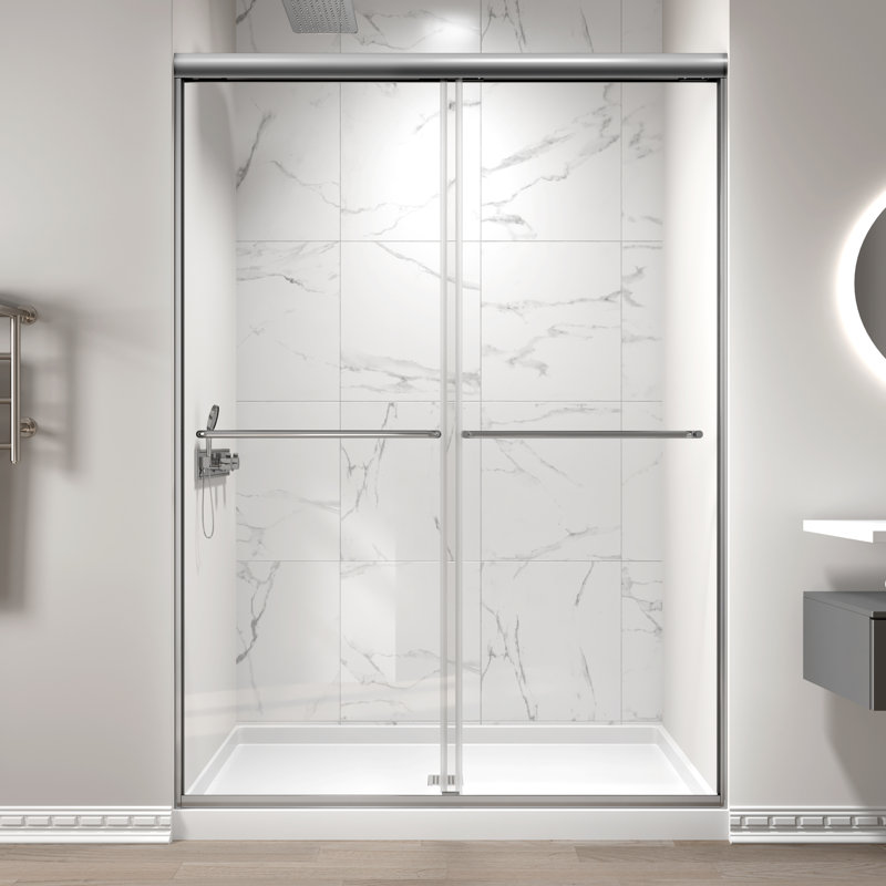 50" - 54" W x 70" H Double Sliding Semi-Frameless Shower Door with 1/4" (6mm) Crystal Clear Tempered Glass, Matte Black