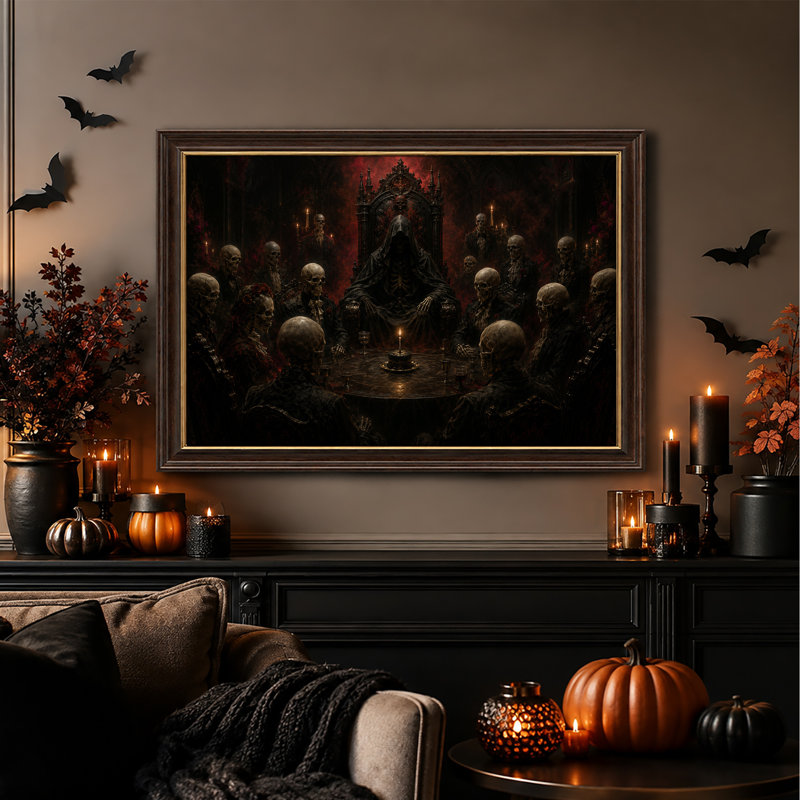 Squelettes gothiques à table avec figure encapuchonnée et toile murale d'Halloween, H 12 po x l 18 po