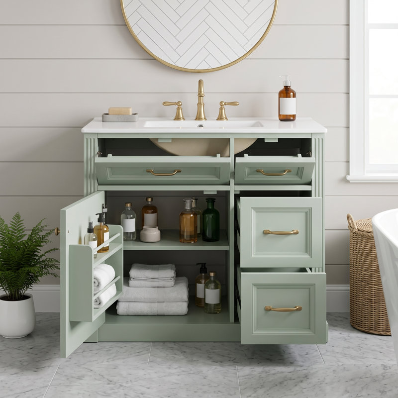 Meuble-lavabo autoportant à un lavabo de 91 cm (36 po) de couleur verte, avec comptoir en céramique et porte d'armoire à fermeture amortie