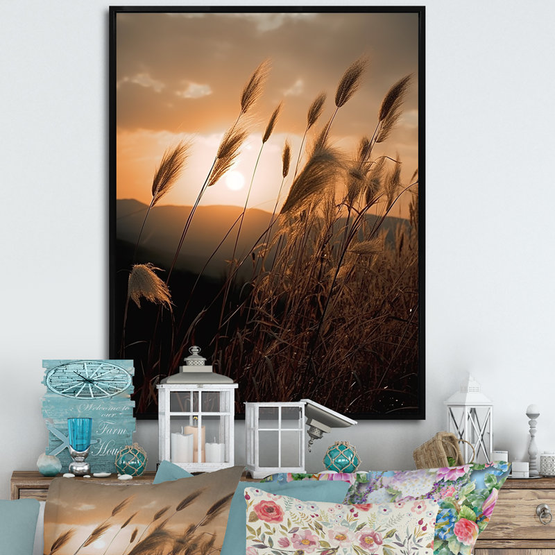 Reproduction d'art sur toile Beachgrass In Motion At Sunset - Plants, Cadre flottant noir, H 32 po x l 16 po x P 1 po