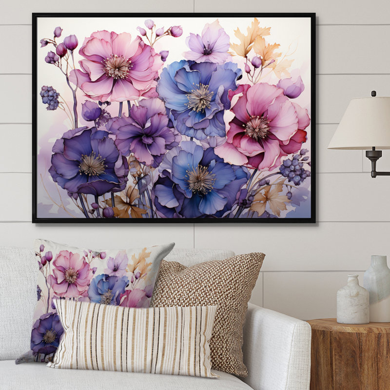 Mauve et fleurs mystiques IV - art botanique abstrait, H 16 po x l 32 po x P 1 po, Cadre flottant noir