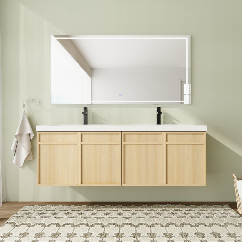 60 inch Wall-Mounted Double Bathroom Vanity With Resin Vanity Top