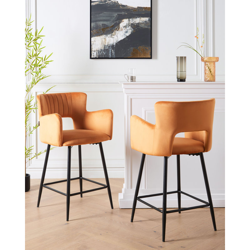 Panaca Upholstered Counter Stool with Metal Frame, Orange Velvet