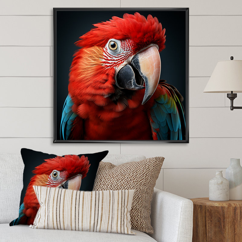 Portrait de perroquet rouge - art mural perroquet, Cadre flottant noir, H 16 po x l 16 po x P 1 po
