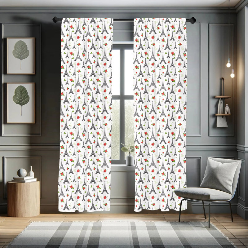 Eiffel Tower Repeating Cottages Semi-Sheer Rod Pocket Sliding Panels, 28" x 95"