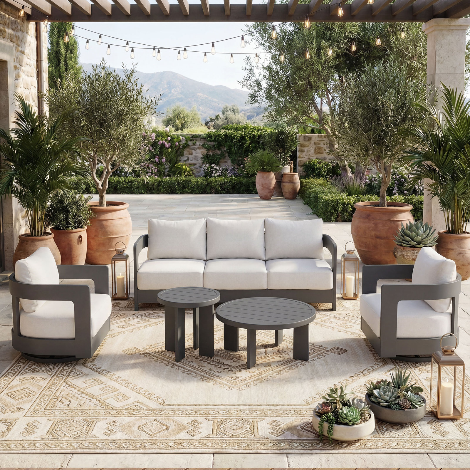 Frances 5-Person Sunbrella® Patio Seating Group, White Cushion/Black Frame