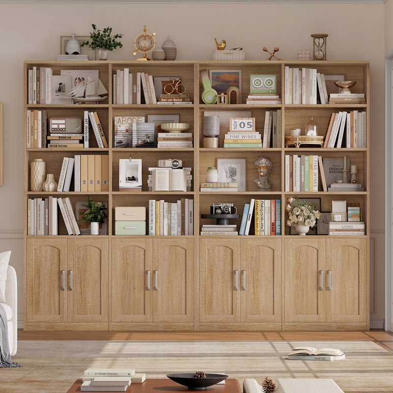 Kirklyn 73" H Standard Storage Bookcase with Doors and 8 Open Shelves, Modern Wood Organizer, Oak