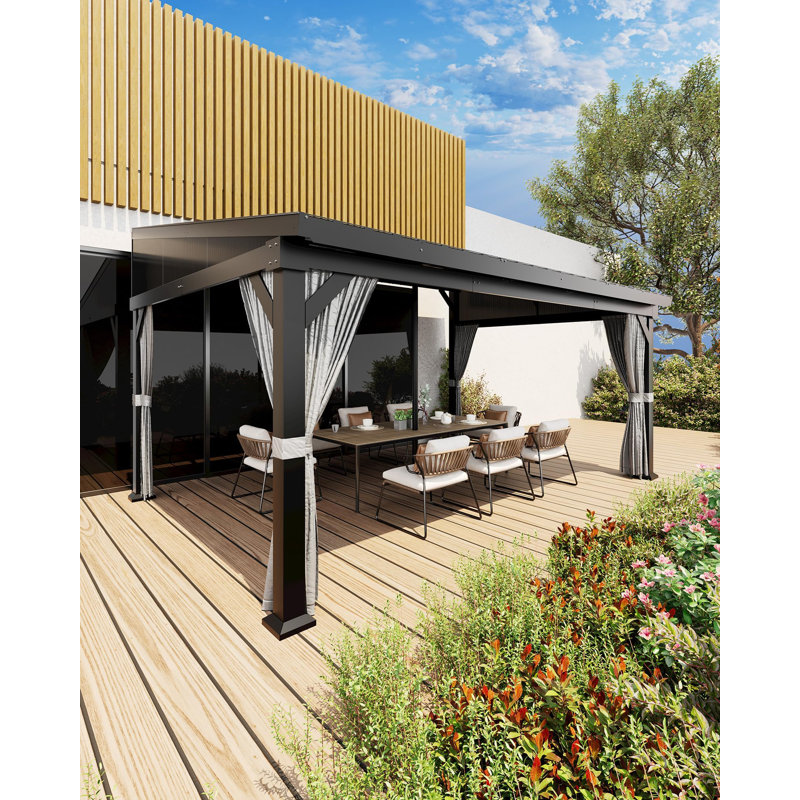 10'x14' Wall-Mounted Hardtop Lean to Gazebo with Aluminum Frame & Galvanized Steel Roof, Netting & Curtains for Patio,Garden