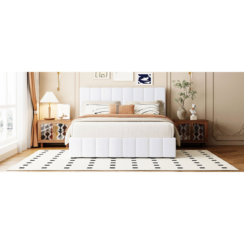 Grand lit plateforme blanc avec tête de lit tapissier, tissu de rangement et espace supplémentaire, Blanc, Grand lit