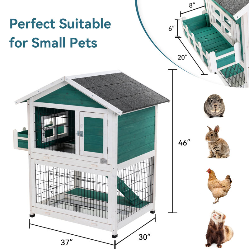 Spacieux lapin de 2 étages avec plateau coulissant et toit imperméable - Bois massif pour 1 à 2 lapins, cage de cochon d'Inde et créatures de taille similaire