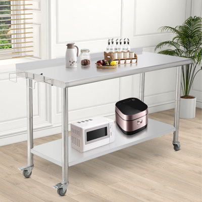 Stainless Steel Table with Wheels & Trash Rack & Rear Panel – 24x60 Inches NSF Heavy Duty Commercial Work & Prep Table with Undershelf & Galvanized Legs – for Restaurant Kitchen Bar Hotel Garage