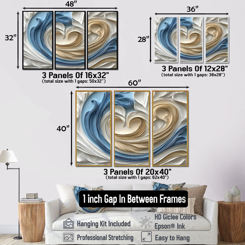 «White Spiraling Hearts Accented with Blue I», ensemble d'art mural spirales abstraites, Toile avec cadre flottant noir