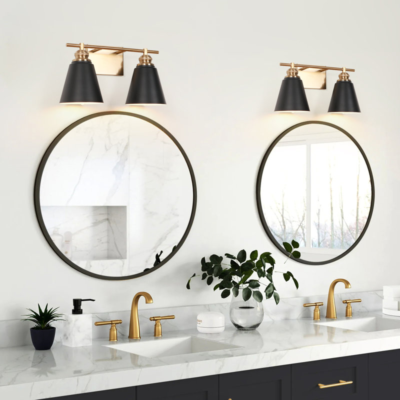 16" 2-Light Dimmable Black Gold Bathroom Vanity Light with Metal Shade, 2