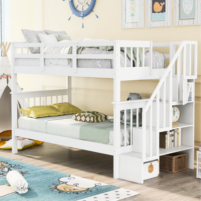 Lit superposé Twintwin avec tablettes de rangement fonctionnelles et garde-corps, armoires blanches pour animaux