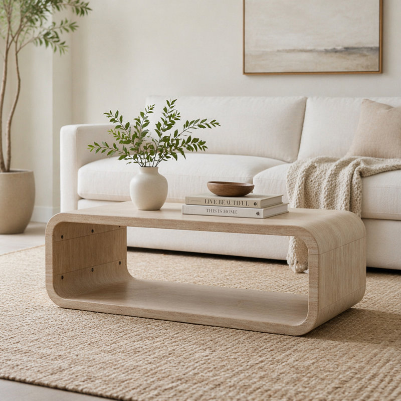 Modern Open-Frame Elegant Curved Light Wood Coffee Table With Open Storage