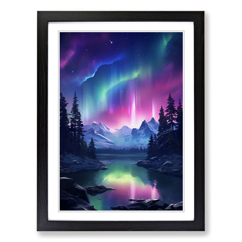 Northern Lights Realism - Single Picture Frame Print on Wood, Black, 34cm H x 25cm W x 2cm D