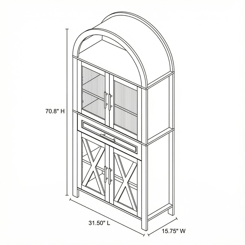 Grand garde-manger en verre arqué avec tablettes réglables et solution de rangement de style campagnard pour la salle à manger de la cuisine