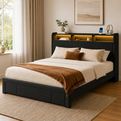 Queen Storage Bed with LED Light and Charging Station, Upholstered Bed Frame with Storage Headboard and Footboard Drawer, Noise-Free Metal Support