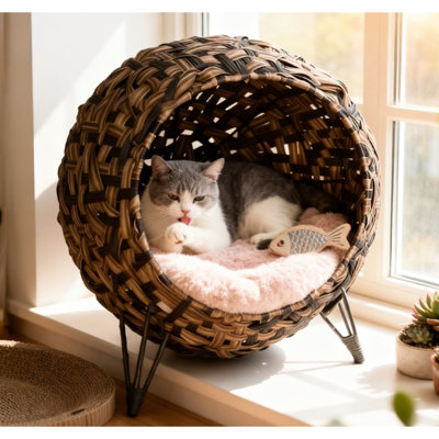 Woven Banana Leaf Kitten House With Cushion, Elevated Cat Bed For Air Circulation, Brown And Metal Tripod Stability Hand-woven Cats Under 11 Pounds, Color Support
