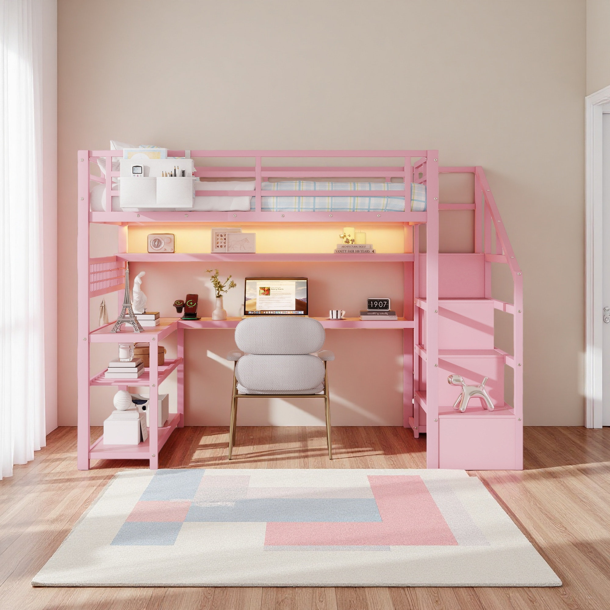 Harriet Bee Full Size Loft Bed With Staircase And Wardrobe, Metal Loft ...