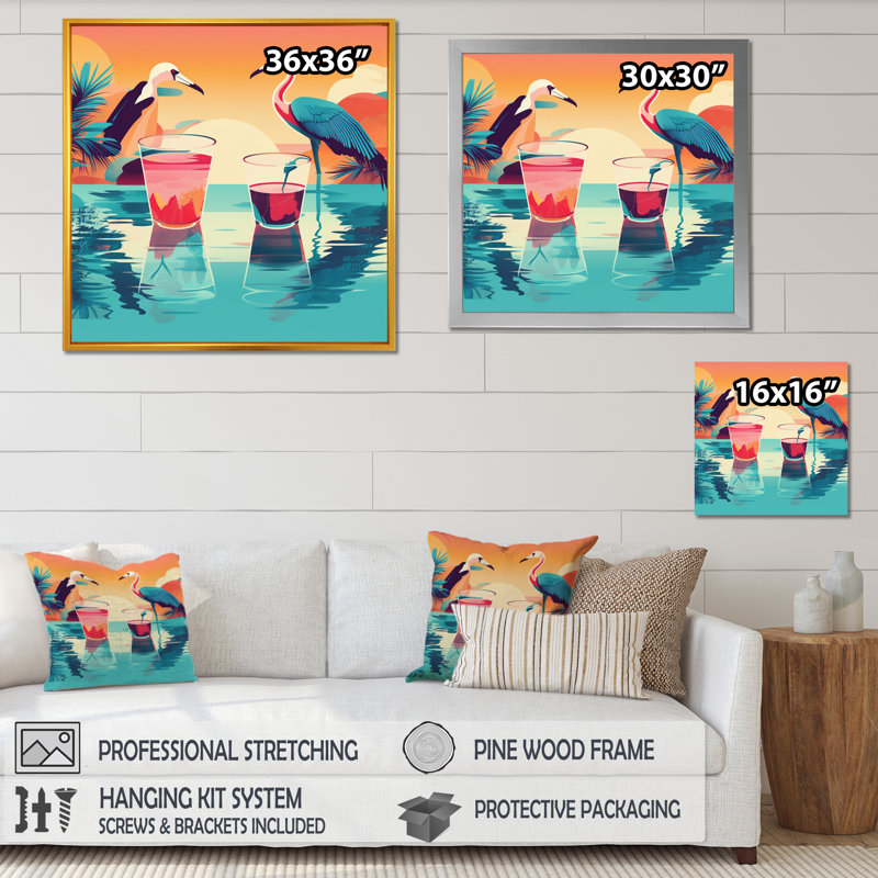 Flamants bleus et roses dans la mer au coucher du soleil sur toile, H 16 po x l 16 po x P 1 po, Cadre photo noir