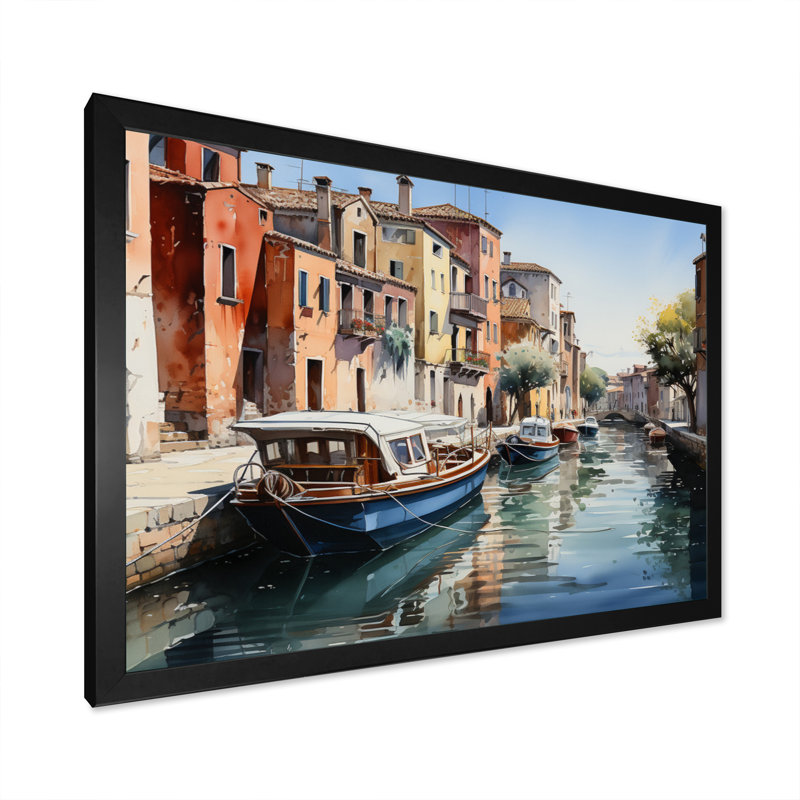 «Beige Canal Watercolor Whimsy III», reproduction sur toile, H 30 po x l 40 po x P 1,5 po, Cadre photo noir