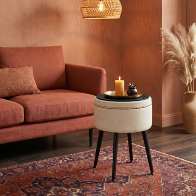 Storage Ottoman - Mid-century Modern Ottoman With Synthetic Leather And Stitching, Hidden Storage Footstool With Steel Legs, For Living Room, Bedroom, Entryway, Cream White