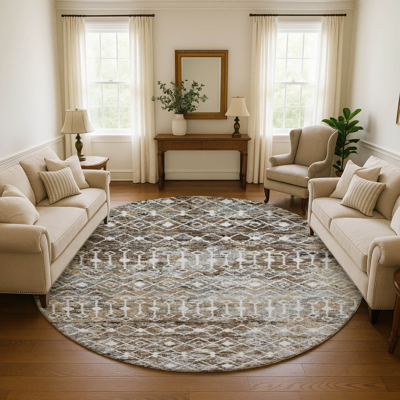 Premium Machine Washable Brennon AMF1638 Geometric Rug, Round 8'